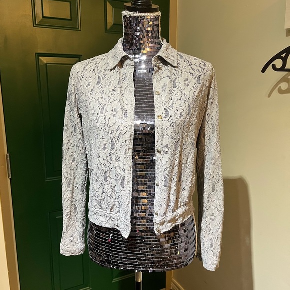 Hinge Gray Lace Jean Jacket Style with Crystal Buttons - Picture 13 of 16